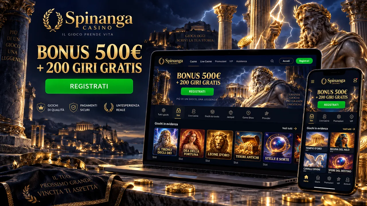 Spinanga Casino Italia: homepage con il bonus di benvenuto da 500€ e 200 giri gratis