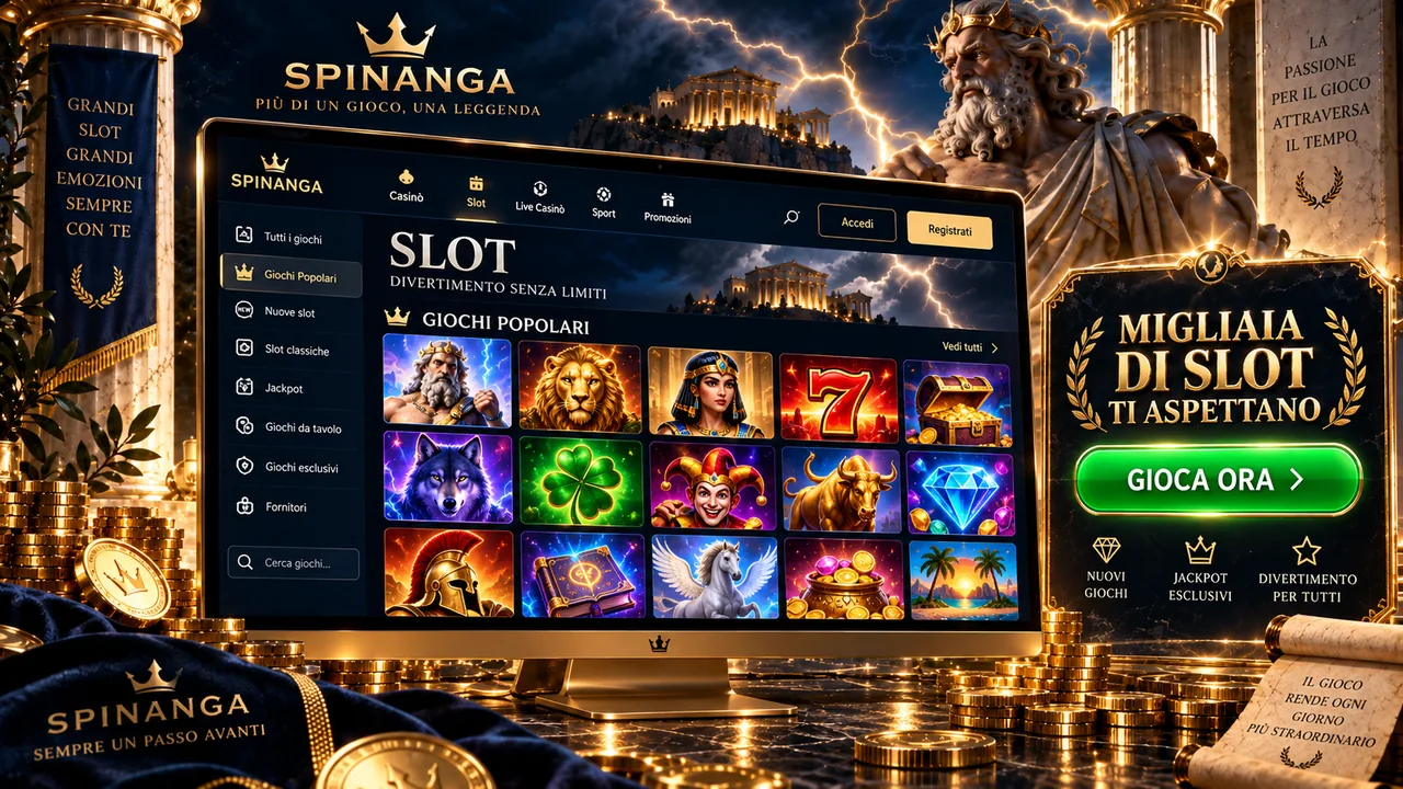Lobby delle slot di Spinanga con Sweet Bonanza, Gates of Olympus e i giochi live di Evolution